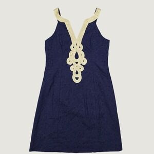 Lilly Pulitzer Dress Womens 2 Navy‎ Blue Gold Soutache Eyelet Preppy Coastal